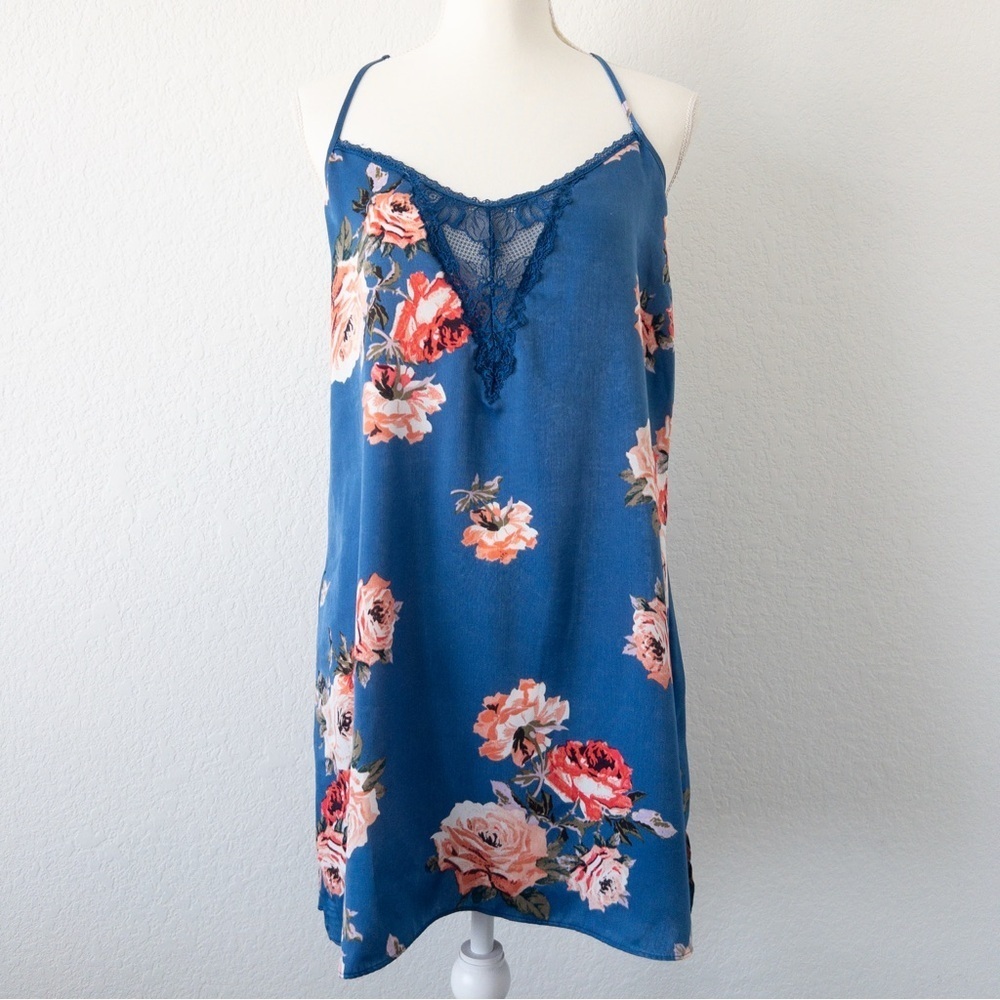 In Bloom by Jonquil Blue Floral Lace Trim Slip Dress Chemise Large‎